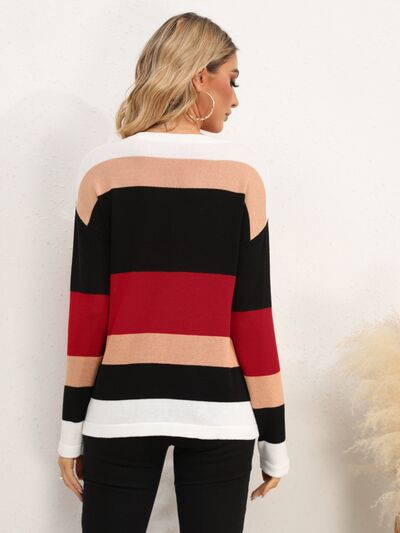 Striped Round Neck Dropped Shoulder Sweater - Charming Charlie