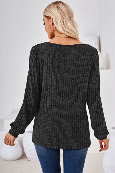 Ribbed Square Neck Long Sleeve T-Shirt - Charming Charlie