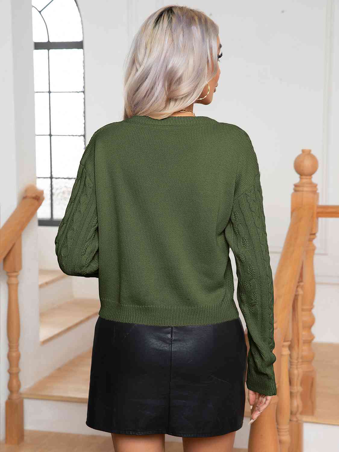 Cable-Knit Round Neck Long Sleeve Sweater - Charming Charlie