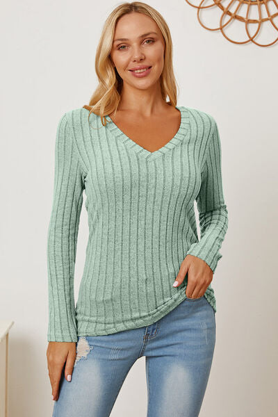 Basic Bae Full Size Ribbed V-Neck Long Sleeve T-Shirt - Charming Charlie