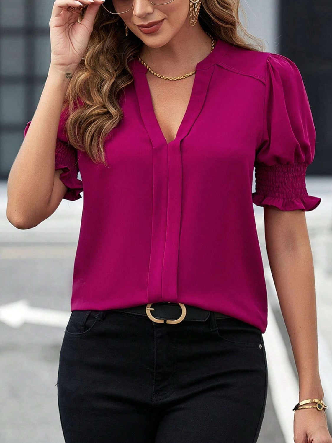 Notched Short Sleeve Blouse - Charming Charlie