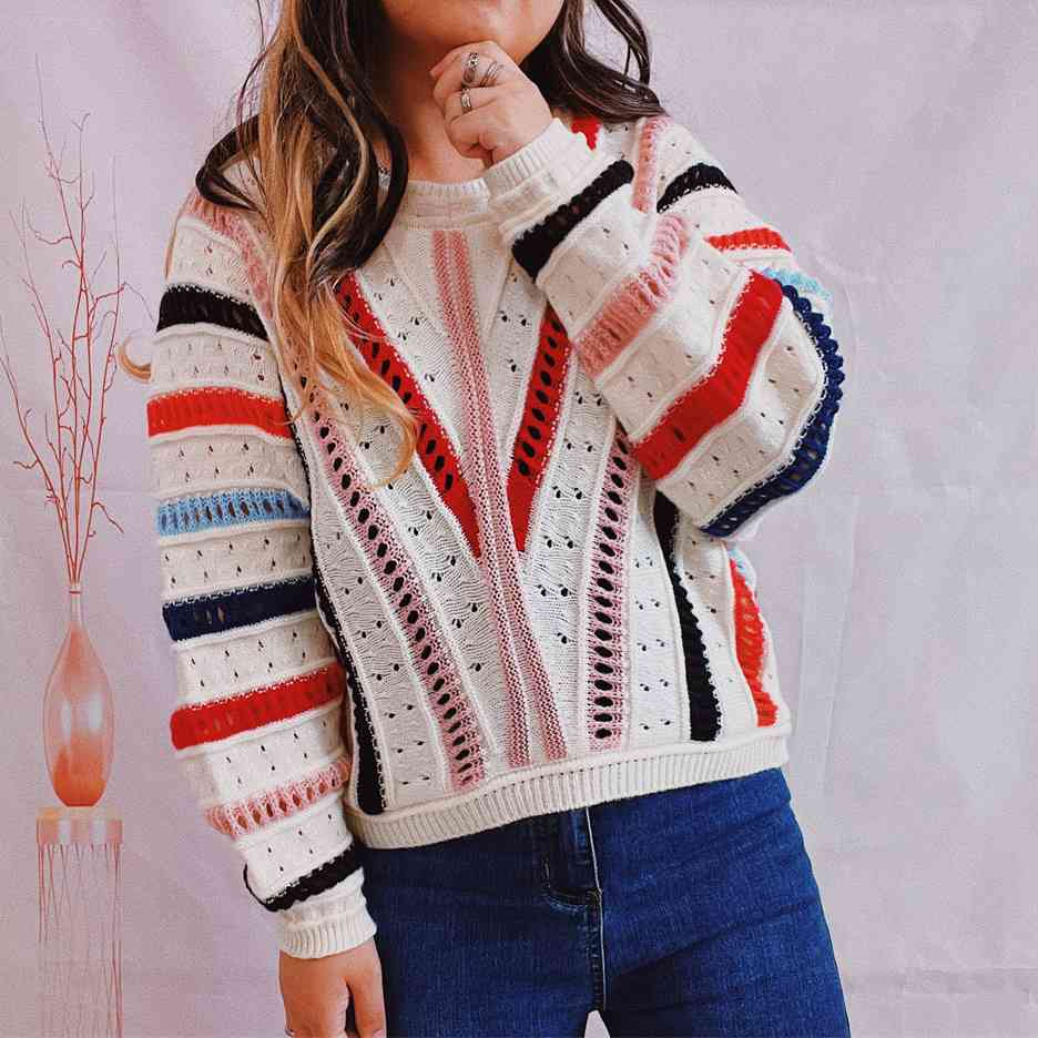 Striped Openwork Round Neck Sweater - Charming Charlie