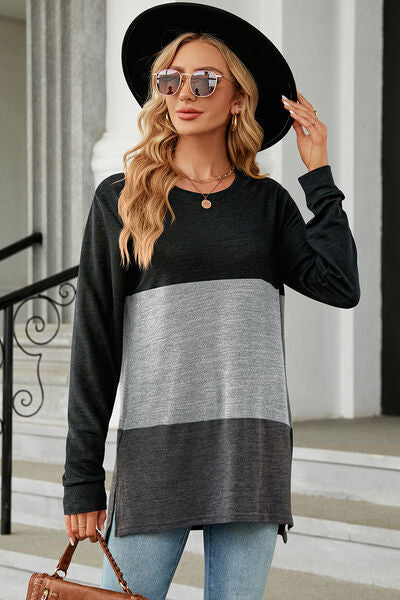 Color Block Round Neck Long Sleeve T-Shirt - Charming Charlie