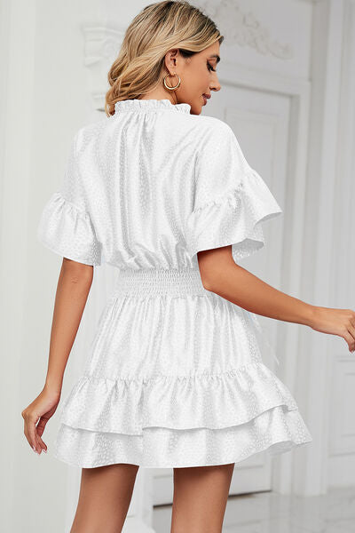 Smocked Tie Neck Flounce Sleeve Dress - Charming Charlie