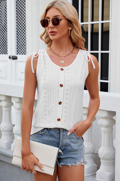 Eyelet Round Neck Wide Strap Tank - Charming Charlie