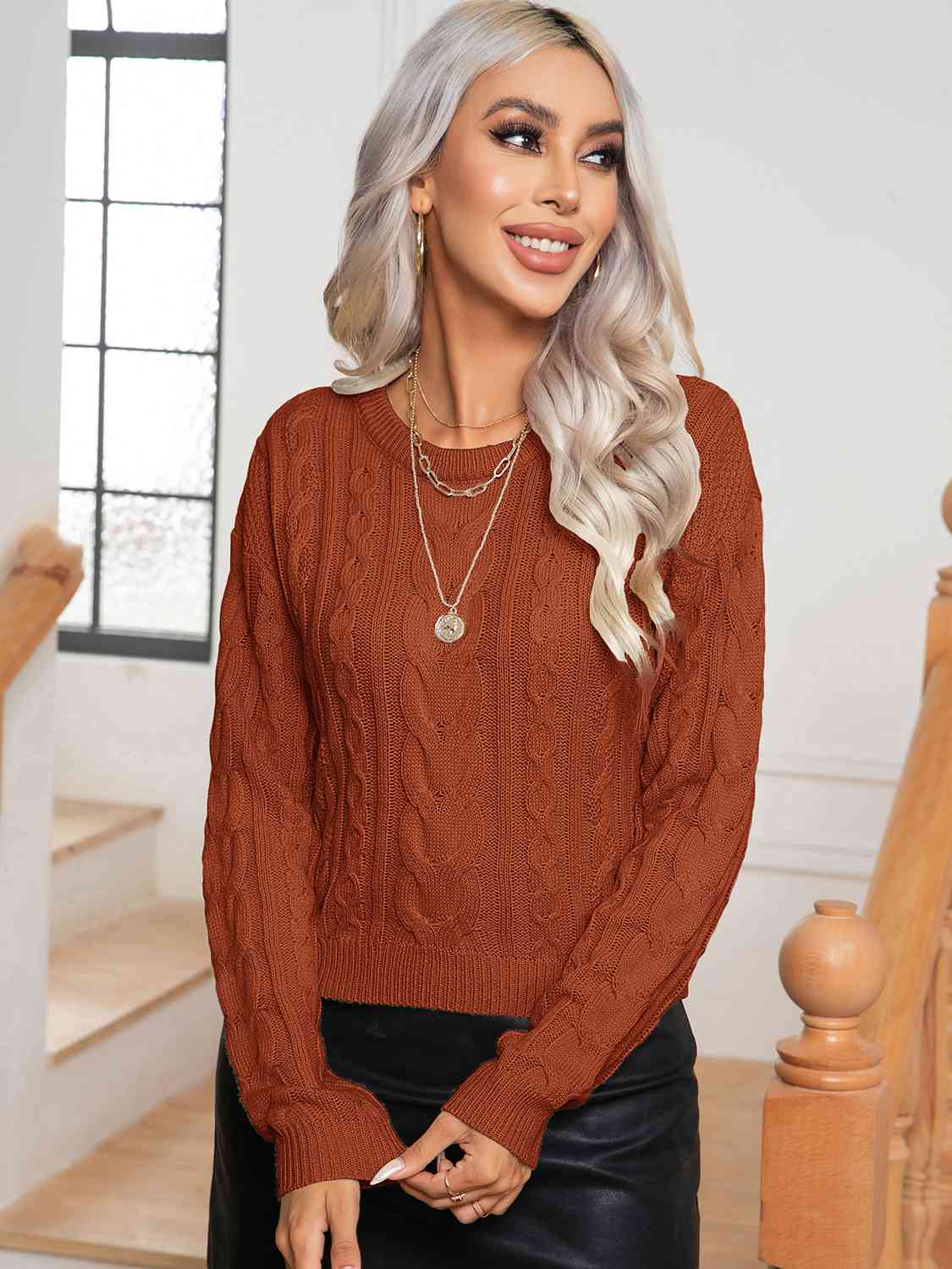 Cable-Knit Round Neck Long Sleeve Sweater - Charming Charlie