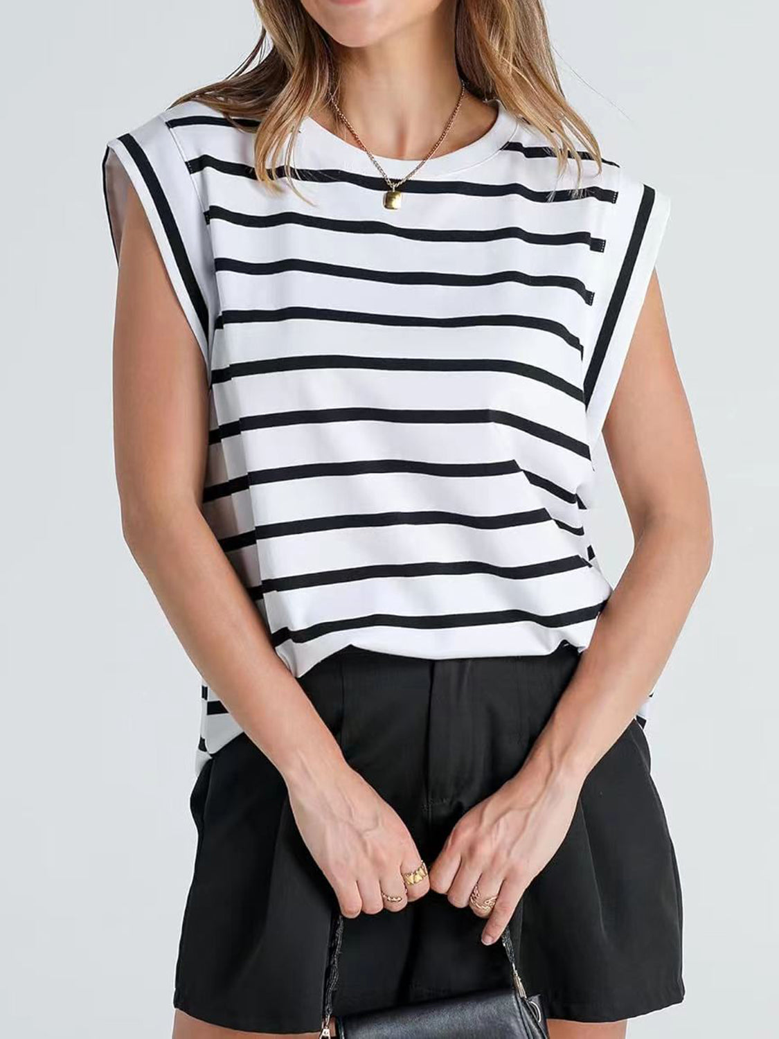 Striped Round Neck Cap Sleeve T-Shirt - Charming Charlie