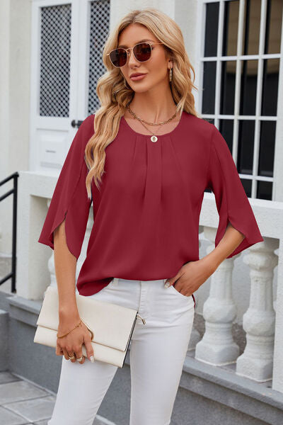 Round Neck Slit Half Sleeve Top - Charming Charlie
