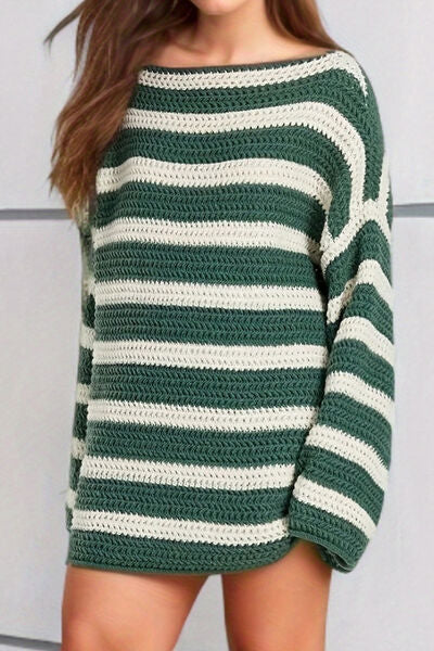 Striped Round Neck Dropped Shoulder Sweater - Charming Charlie