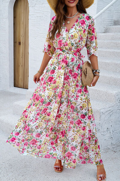 Printed Tied Half Sleeve Slit Dress - Charming Charlie
