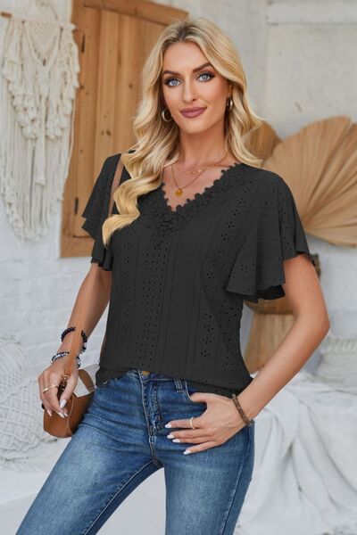 Eyelet Applique V-Neck Cap Sleeve T-Shirt - Charming Charlie