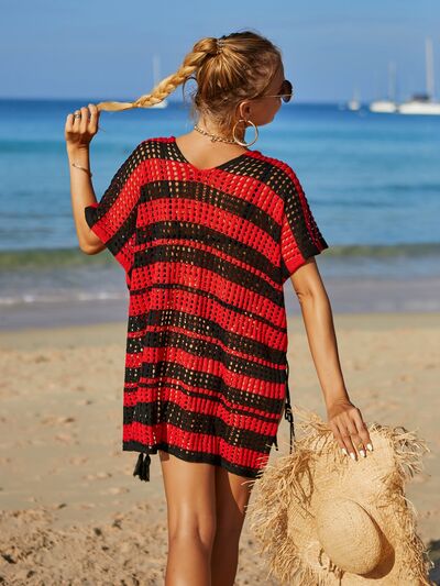 Tassel Openwork Striped V-Neck Cover Up - Charming Charlie