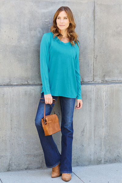 Basic Bae Full Size V-Neck Long Sleeve Top - Charming Charlie