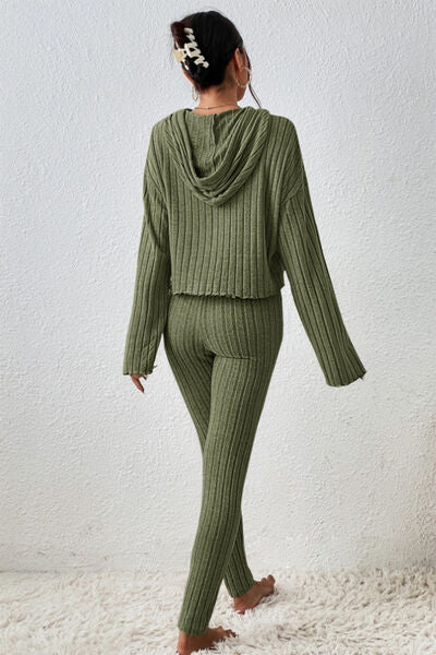 Lettuce Hem Dropped Shoulder Hooded Top and Pants Set - Charming Charlie
