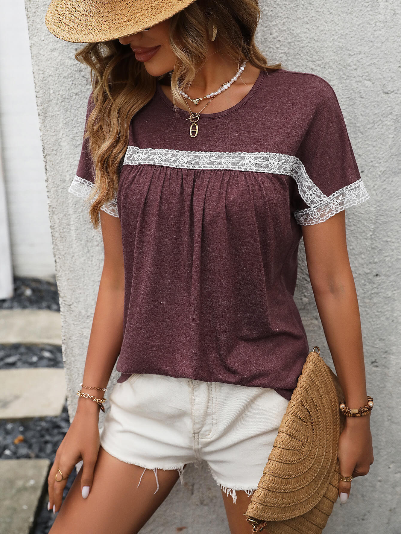 Contrast Round Neck Short Sleeve Tee - Charming Charlie