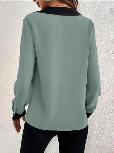 Contrast Trim V-Neck Long Sleeve Blouse - Charming Charlie