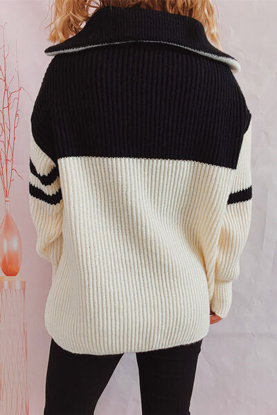 Quarter Zip Striped Dropped Shoulder Sweater - Charming Charlie