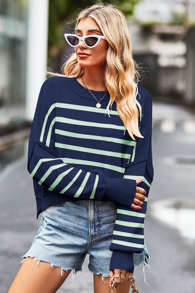 Striped Round Neck Drop Shoulder Slit Sweater - Charming Charlie