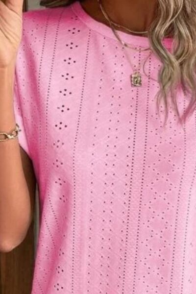 Eyelet Round Neck Short Sleeve T-Shirt - Charming Charlie