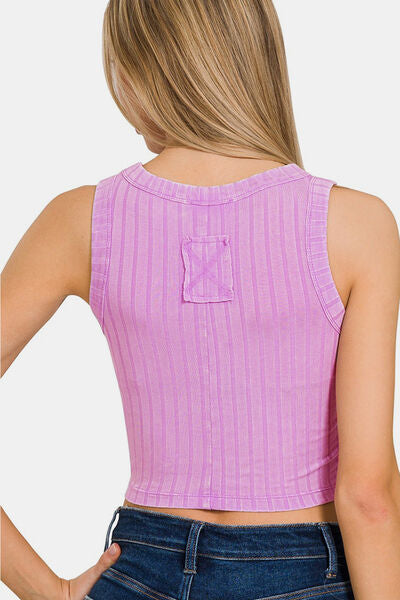Zenana Ribbed Round Neck Cropped Tank - Charming Charlie