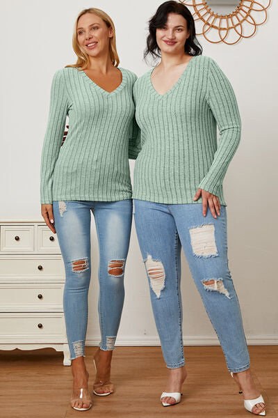 Basic Bae Full Size Ribbed V-Neck Long Sleeve T-Shirt - Charming Charlie