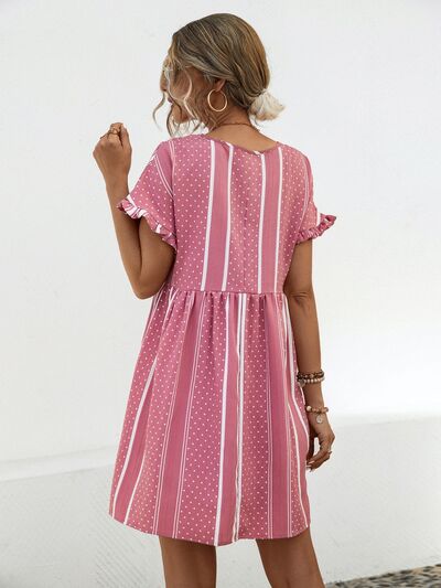 Striped Polka Dot Frill Short Sleeve Mini Dress - Charming Charlie