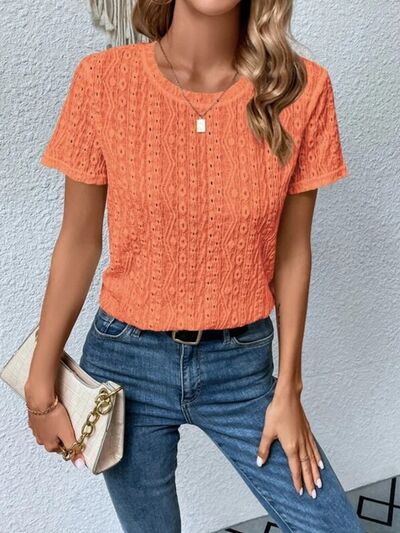 Eyelet Round Neck Short Sleeve T-Shirt - Charming Charlie