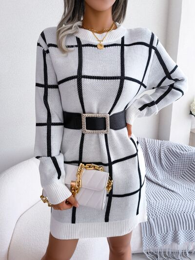 Plaid Round Neck Dropped Shoulder Sweater Dress - Charming Charlie