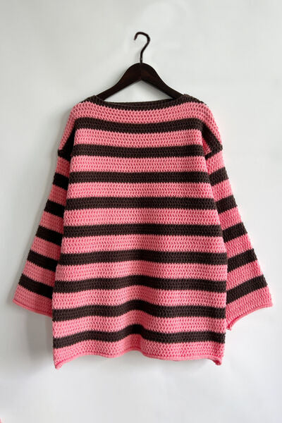 Striped Round Neck Dropped Shoulder Sweater - Charming Charlie