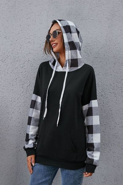 Plaid Drawstring Dropped Shoulder Hoodie - Charming Charlie