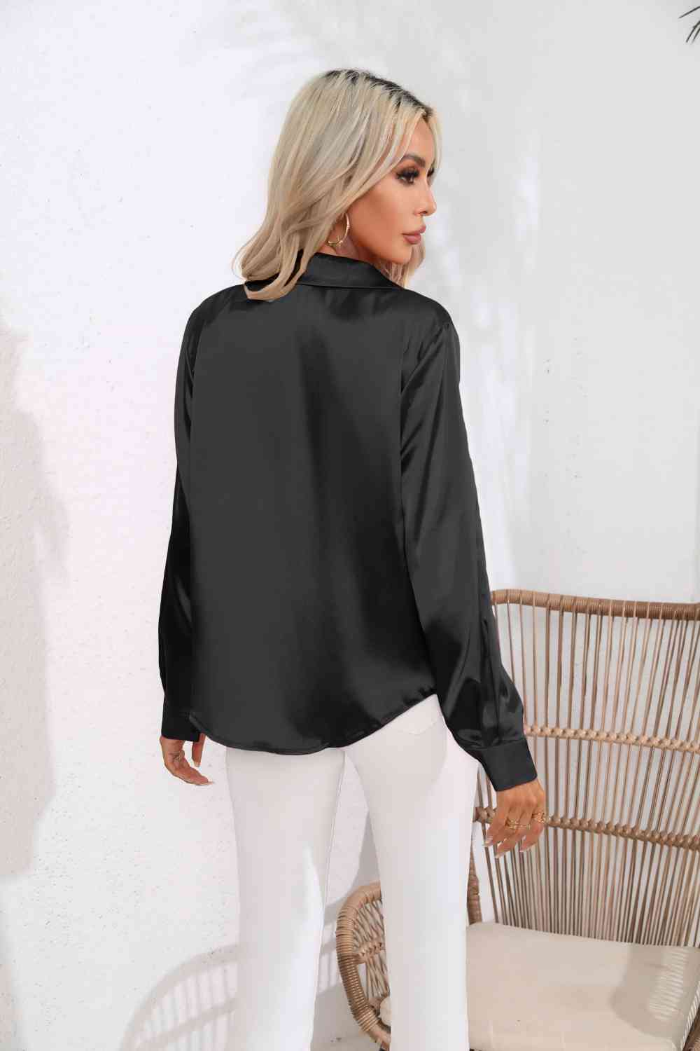 Lapel Collar Button Up Long Sleeve Shirt - Charming Charlie