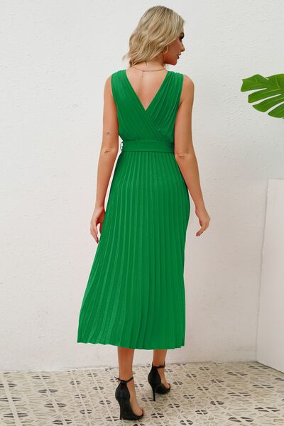 Surplice Sleeveless Midi Pleated Dress - Charming Charlie