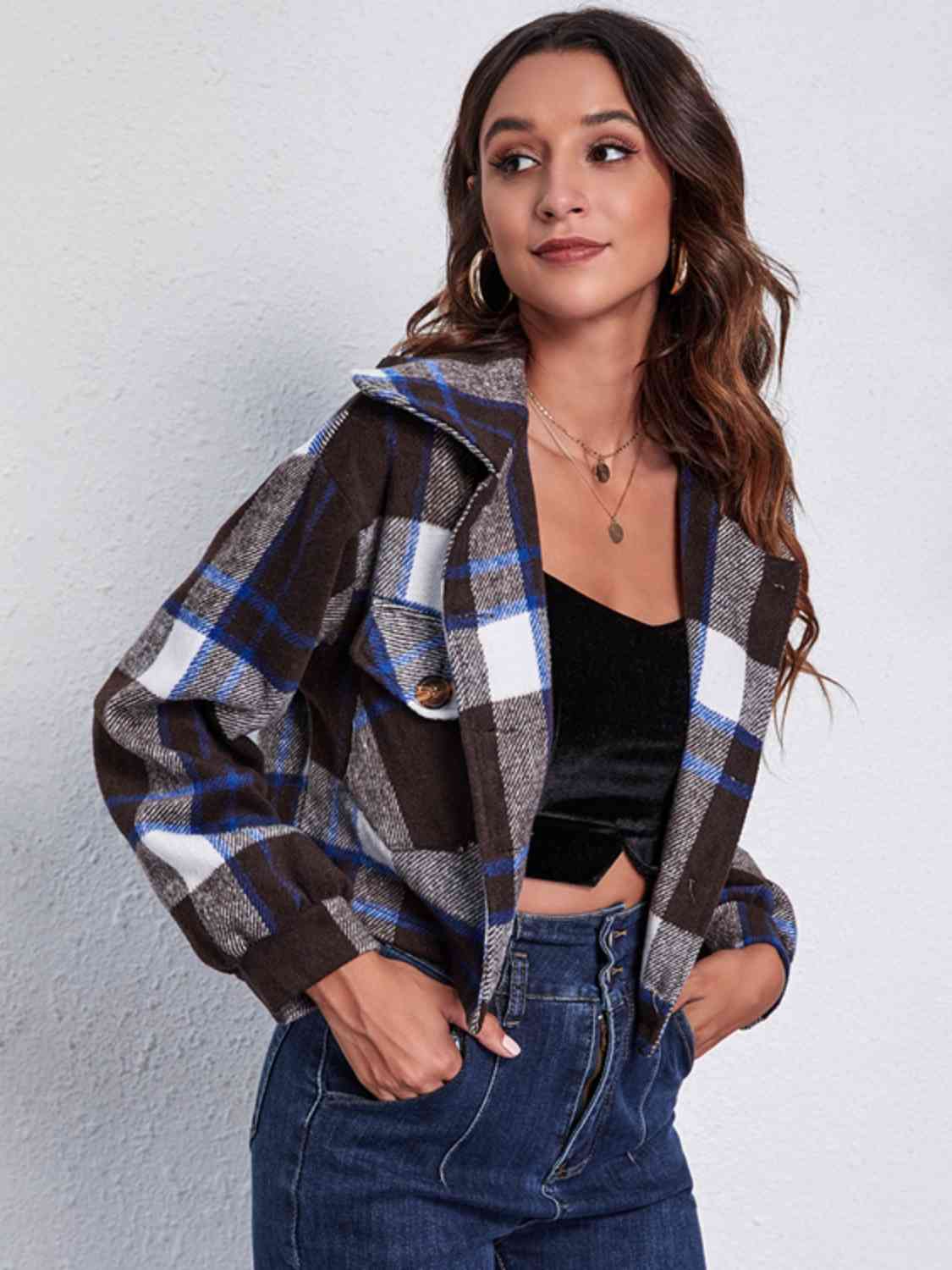 Plaid Button Front Jacket with Pockets - Charming Charlie
