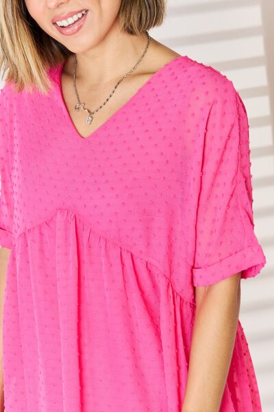 Zenana Swiss Dot Rolled Short Sleeve Babydoll Dress - Charming Charlie