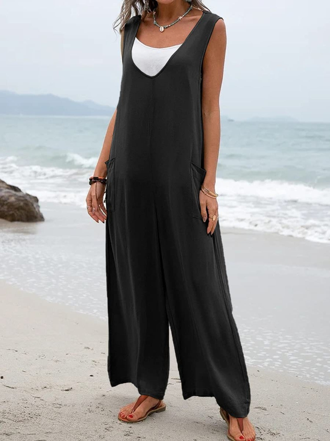 Full Size Wide Strap Jumpsuit with Pockets - Charming Charlie