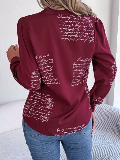 Letter Printed Button Up Long Sleeve Blouse - Charming Charlie