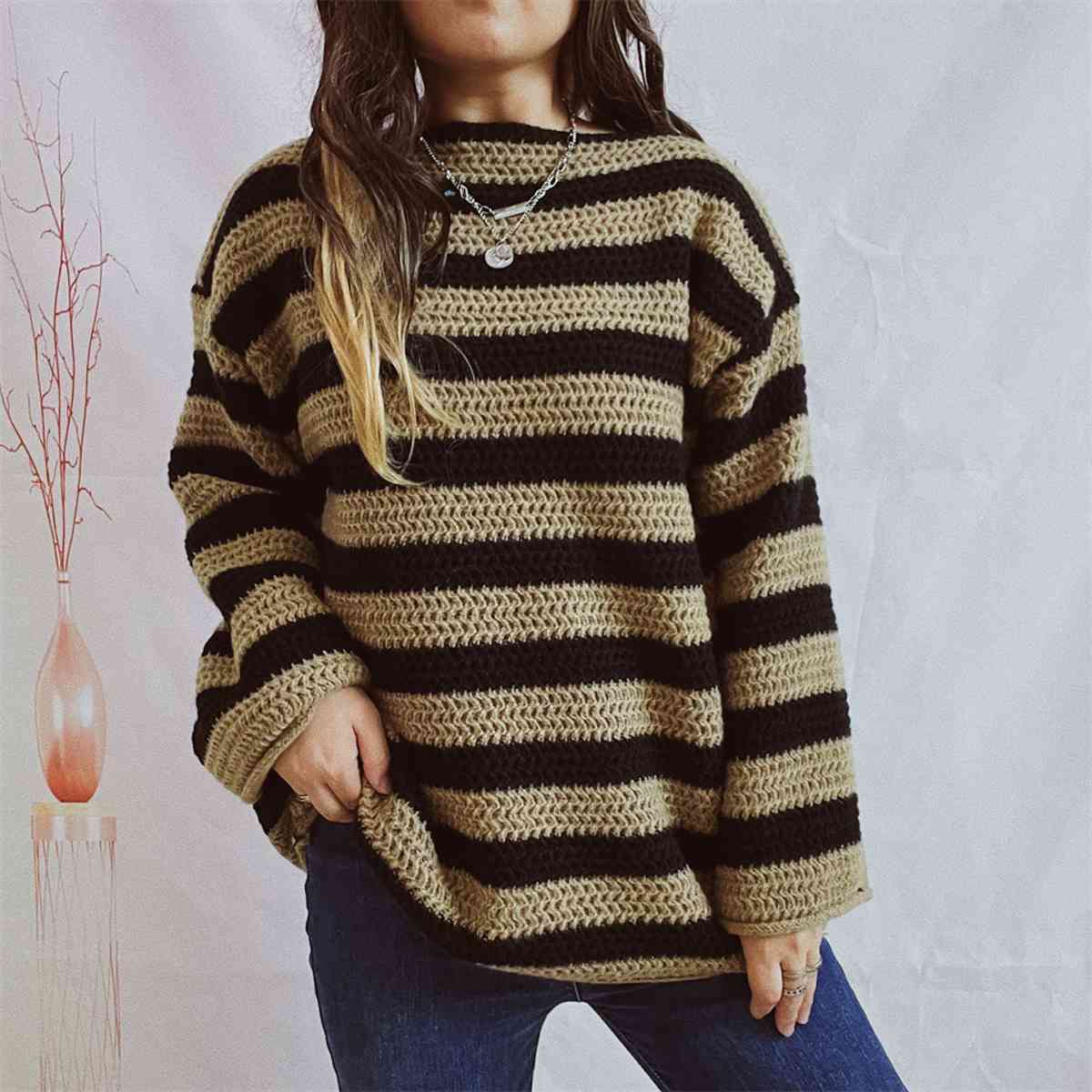 Striped Round Neck Long Sleeve Sweater - Charming Charlie