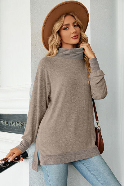 Slit Mock Neck Long Sleeve T-Shirt - Charming Charlie