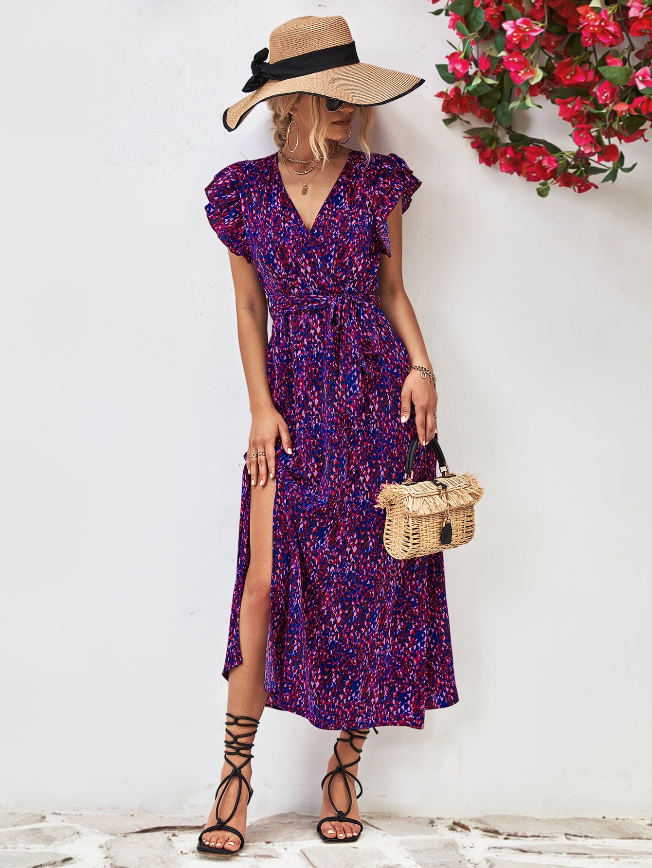 Printed Surplice Neck Flutter Sleeve Slit Dress - Charming Charlie
