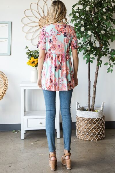 Heimish Full Size Floral V-Neck Short Sleeve Babydoll Blouse - Charming Charlie