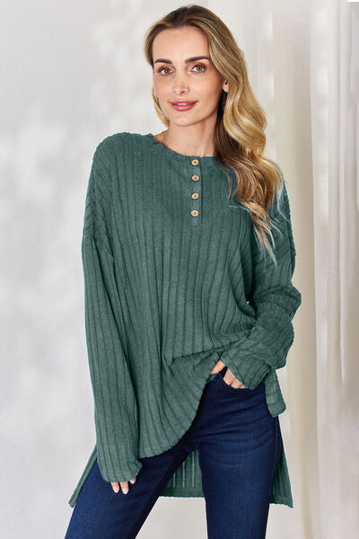 Basic Bae Full Size Ribbed Half Button Long Sleeve High-Low T-Shirt - Charming Charlie