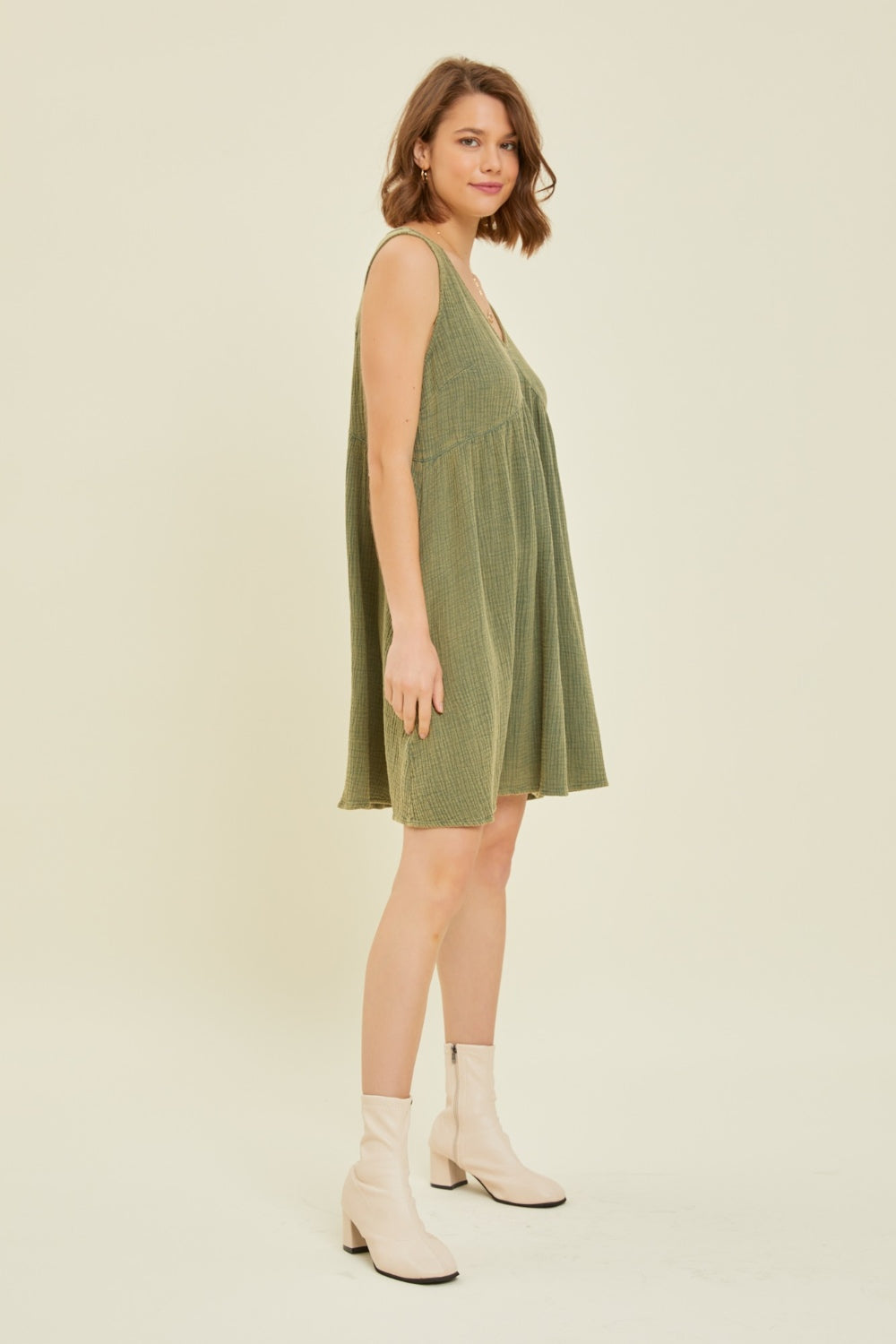 HEYSON Full Size Texture V-Neck Sleeveless Flare Mini Dress - Charming Charlie