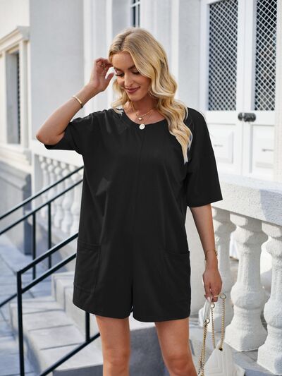 Backless Pocketed Round Neck Half Sleeve Romper - Charming Charlie