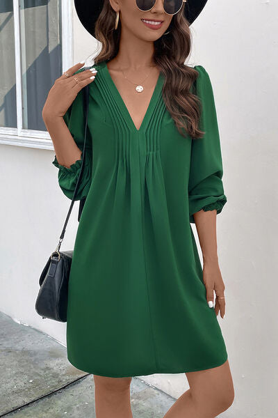 Ruched V-Neck Flounce Sleeve Dress - Charming Charlie