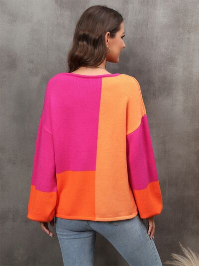 Color Block Round Neck Sweater - Charming Charlie