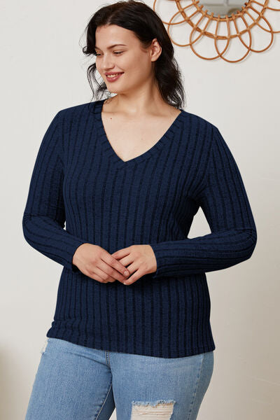 Basic Bae Full Size Ribbed V-Neck Long Sleeve T-Shirt - Charming Charlie
