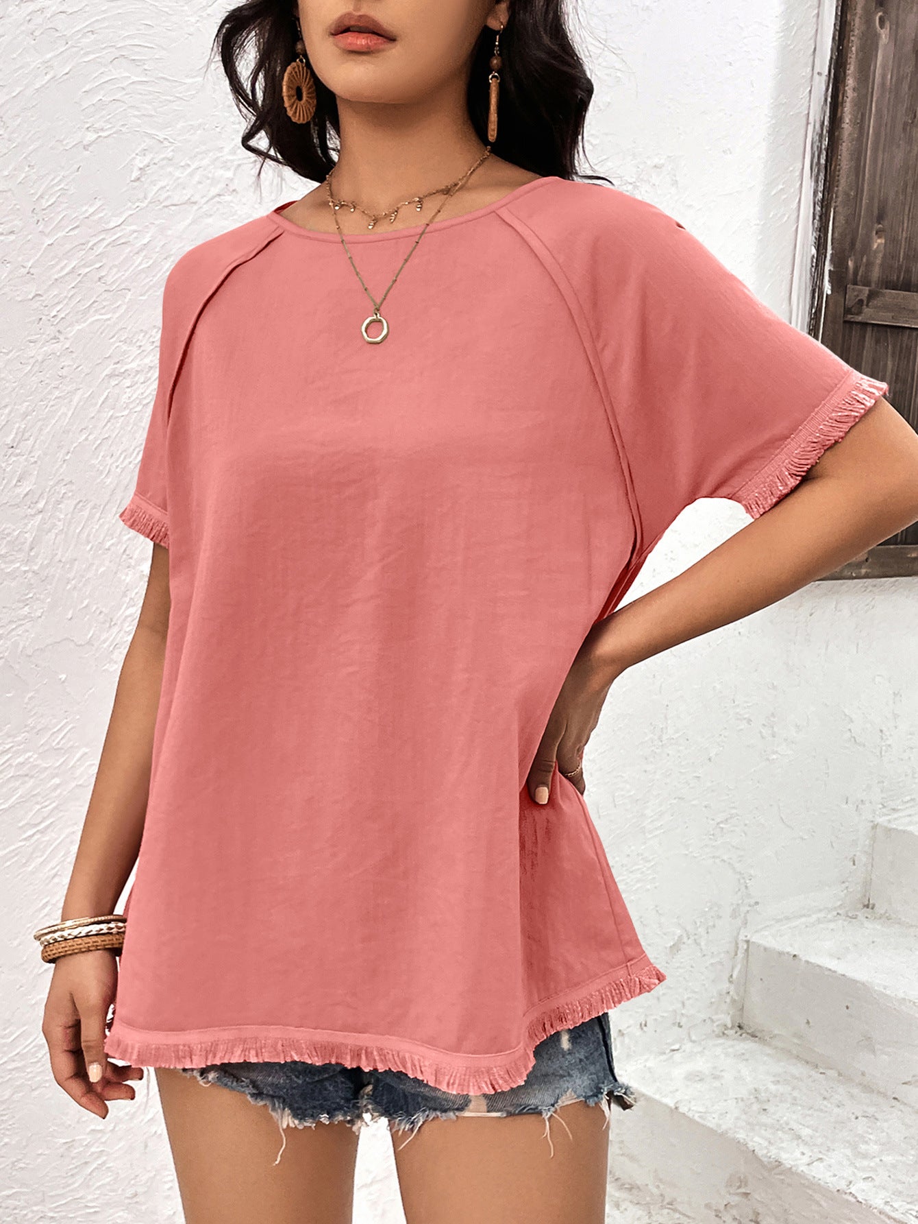 Round Neck Raglan Sleeve Fringe Detail Top - Charming Charlie