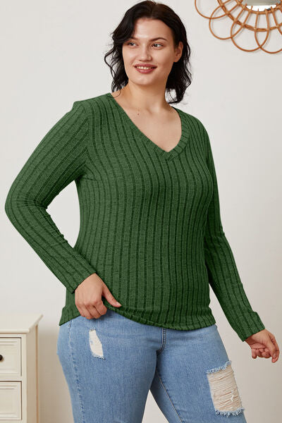 Basic Bae Full Size Ribbed V-Neck Long Sleeve T-Shirt - Charming Charlie