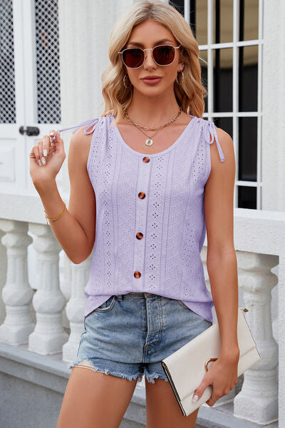 Eyelet Round Neck Wide Strap Tank - Charming Charlie