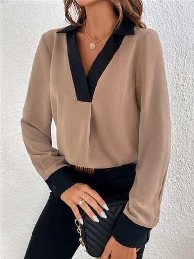 Contrast Trim V-Neck Long Sleeve Blouse - Charming Charlie